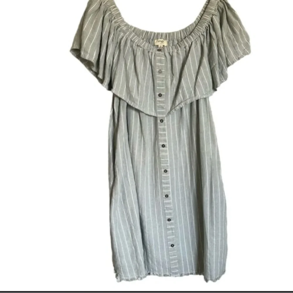 Umgee boho button front green white stripe ruffle top off shoulder dress S